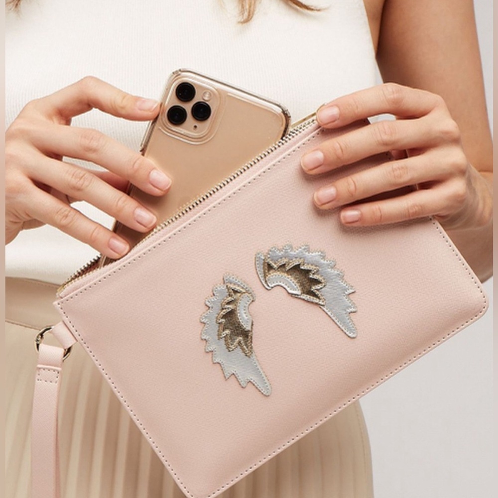 Estella Bartlett NWOT Blush with Wings Applique Pouch Bag Wristlet Gold Hardware